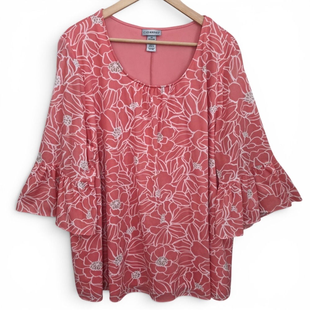 Catherines‎ Top Womens Plus 2X 22/24W Pink Mesh Scoop Neck Blouse Floral Casual